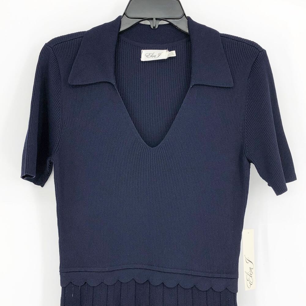 Eliza J Womens Fit & Flare Dress Small Navy Blue Ribbed Knit Johnny Collar NWT - Picture 5 of 14